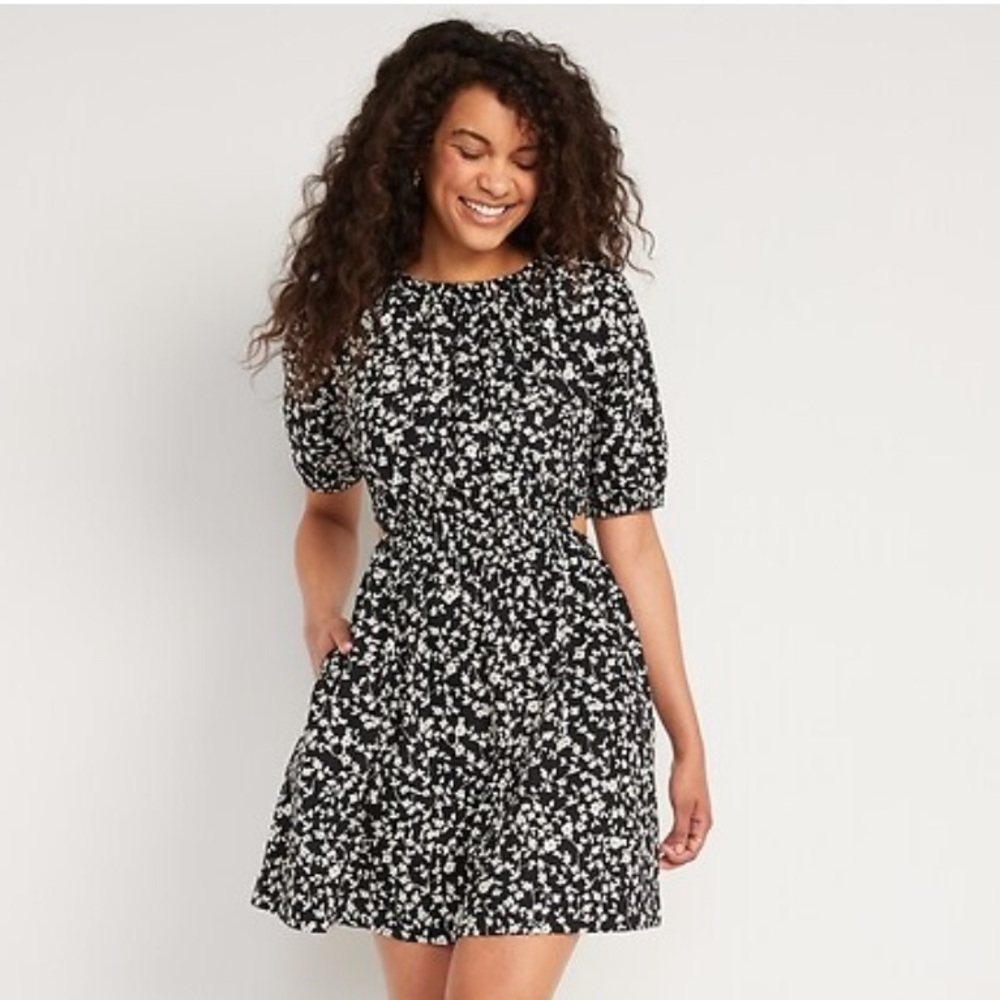 NWT Old Navy Waist-Defined Puff-Sleeve Cotton-Poplin Side-Cutout Mini Dress